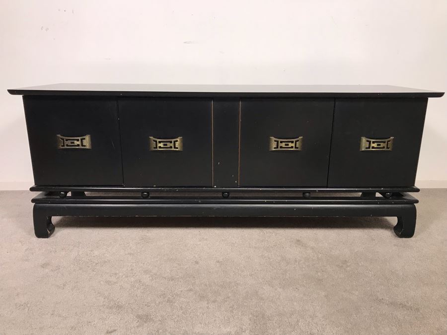 Black Wooden Chinoiserie Low Profile Cabinet With Decorative Brass Pulls 60W X 18D X 23H (Ocean Hills Estate - OHE) [Photo 1]