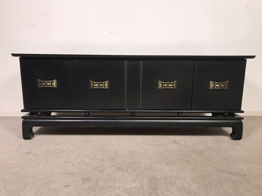 Black Wooden Chinoiserie Low Profile Cabinet With Decorative Brass Pulls 60W X 18D X 23H (Ocean Hills Estate - OHE) [Photo 3]