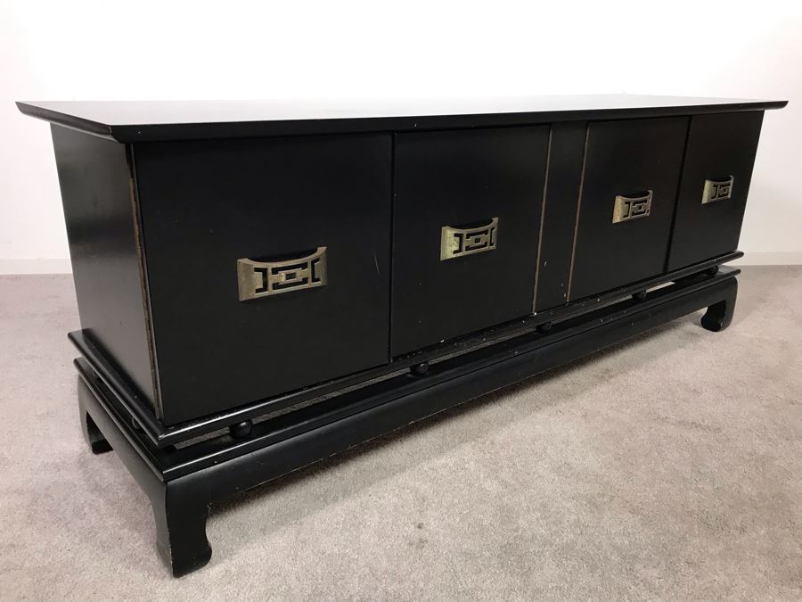 Black Wooden Chinoiserie Low Profile Cabinet With Decorative Brass Pulls 60W X 18D X 23H (Ocean Hills Estate - OHE) [Photo 6]