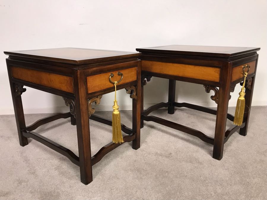 Pair Of Wellington Hall Wooden Chinoiserie Side Tables With Drawers - Birds Eye Maple Top 18W X 26D X 24H (OHE) [Photo 6]