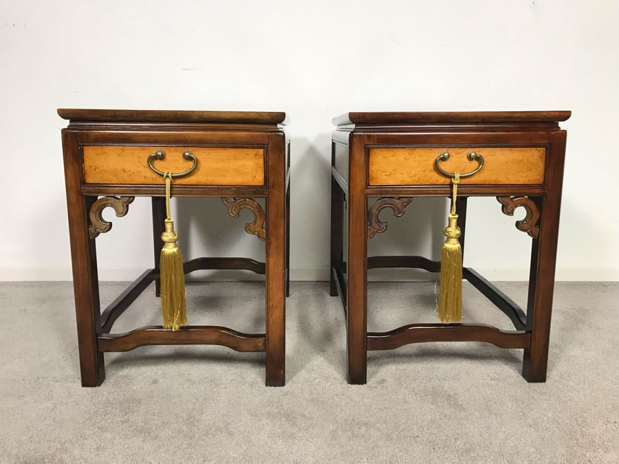 Pair Of Wellington Hall Wooden Chinoiserie Side Tables With Drawers - Birds Eye Maple Top 18W X 26D X 24H (OHE) [Photo 3]