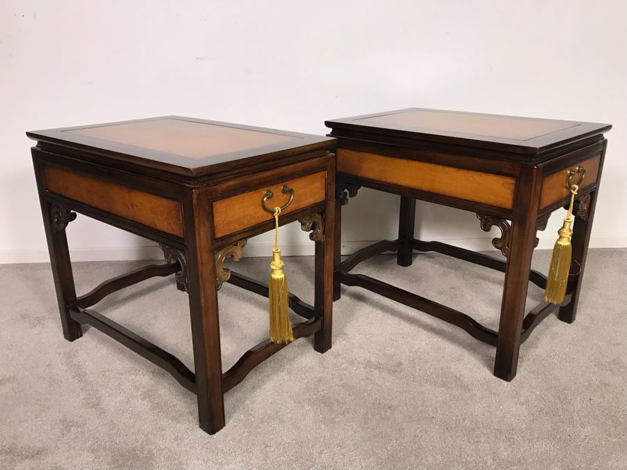 Pair Of Wellington Hall Wooden Chinoiserie Side Tables With Drawers - Birds Eye Maple Top 18W X 26D X 24H (OHE) [Photo 5]