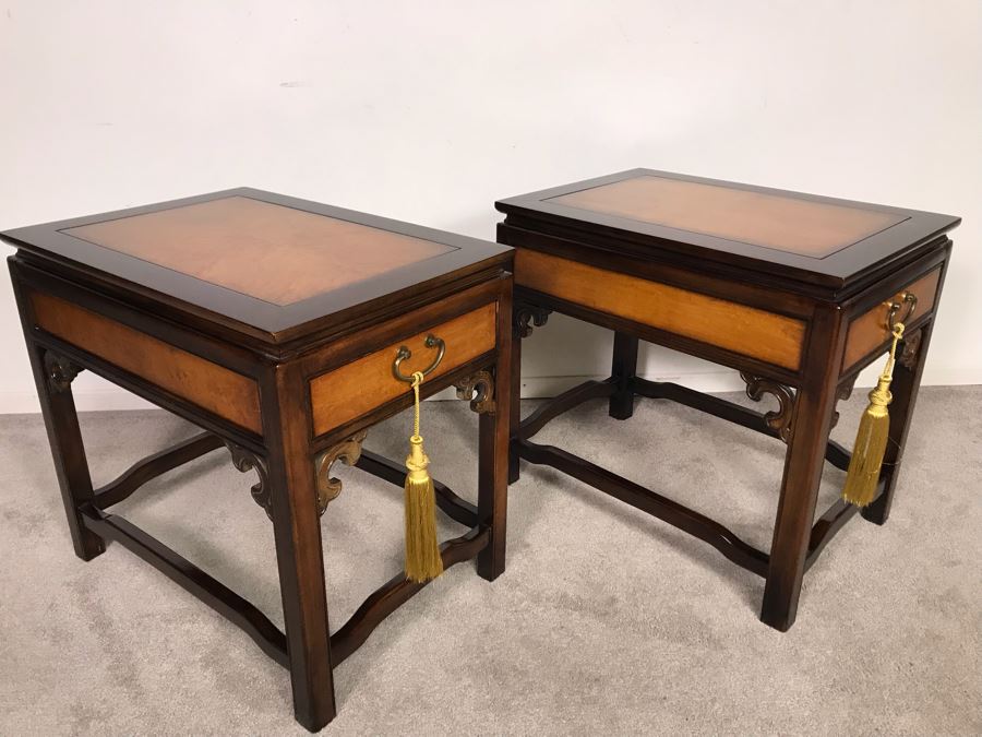 Pair Of Wellington Hall Wooden Chinoiserie Side Tables With Drawers - Birds Eye Maple Top 18W X 26D X 24H (OHE) [Photo 7]