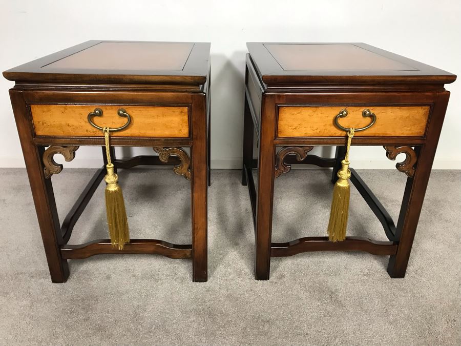Pair Of Wellington Hall Wooden Chinoiserie Side Tables With Drawers - Birds Eye Maple Top 18W X 26D X 24H (OHE)