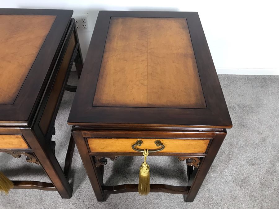 Pair Of Wellington Hall Wooden Chinoiserie Side Tables With Drawers - Birds Eye Maple Top 18W X 26D X 24H (OHE) [Photo 8]