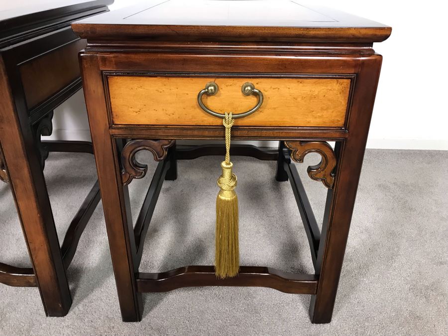 Pair Of Wellington Hall Wooden Chinoiserie Side Tables With Drawers - Birds Eye Maple Top 18W X 26D X 24H (OHE) [Photo 11]