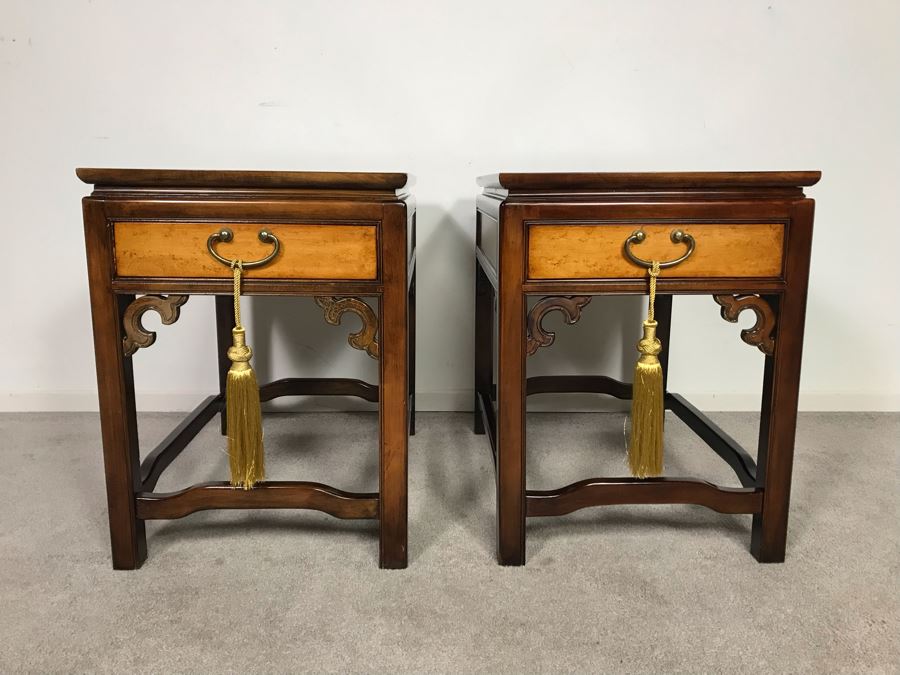 Pair Of Wellington Hall Wooden Chinoiserie Side Tables With Drawers - Birds Eye Maple Top 18W X 26D X 24H (OHE) [Photo 4]