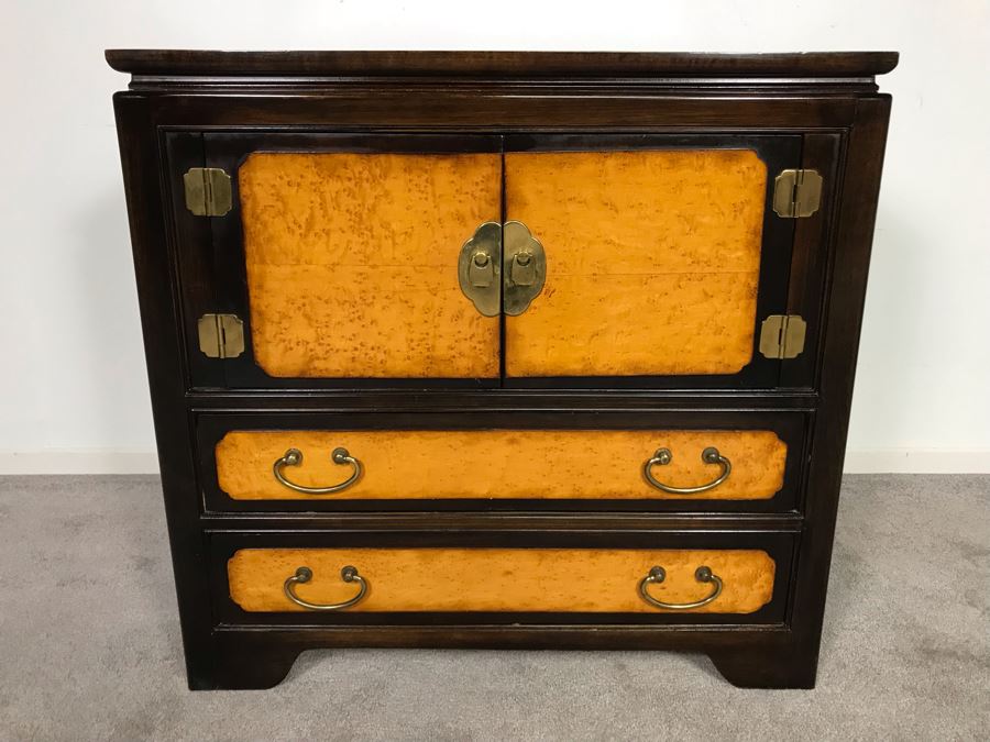 Wellington Hall Wooden Chinoiserie Cabinet With Two Drawers And Birds Eye Maple 32W X 18D X 30.5H (OHE)