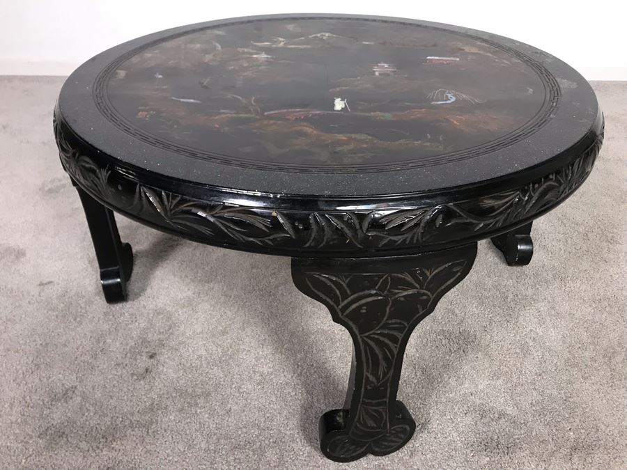 Signed Japanese Black Lacquer Round Table Painting With Mother Of Pearl Inlay Design 30R X 15.5H (OHE) [Photo 12]