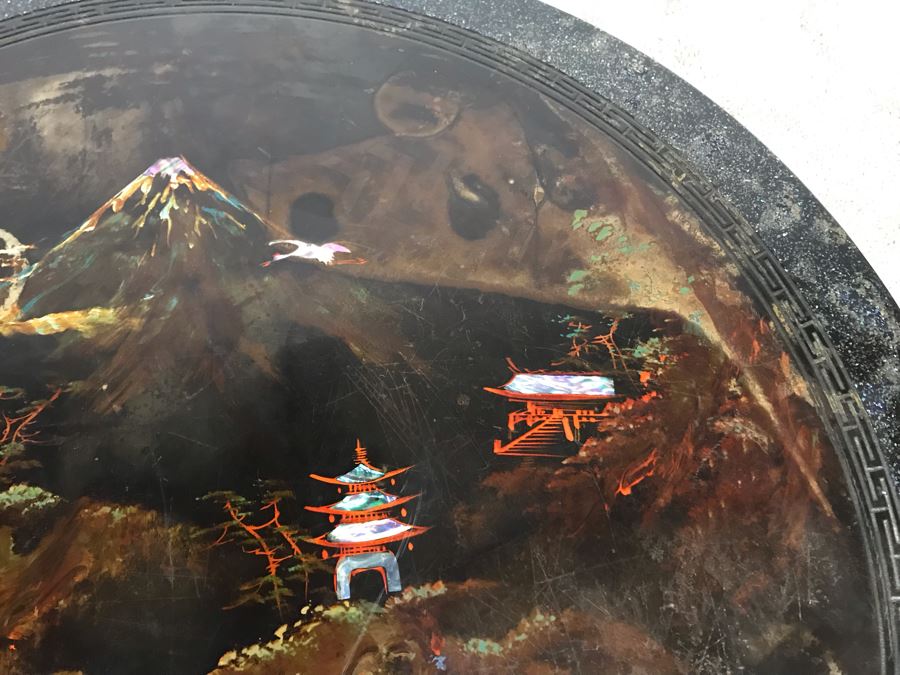 Signed Japanese Black Lacquer Round Table Painting With Mother Of Pearl Inlay Design 30R X 15.5H (OHE) [Photo 8]