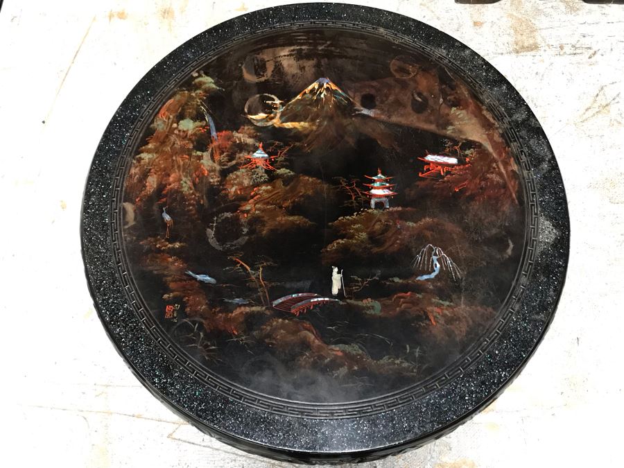 Signed Japanese Black Lacquer Round Table Painting With Mother Of Pearl Inlay Design 30R X 15.5H (OHE) [Photo 17]