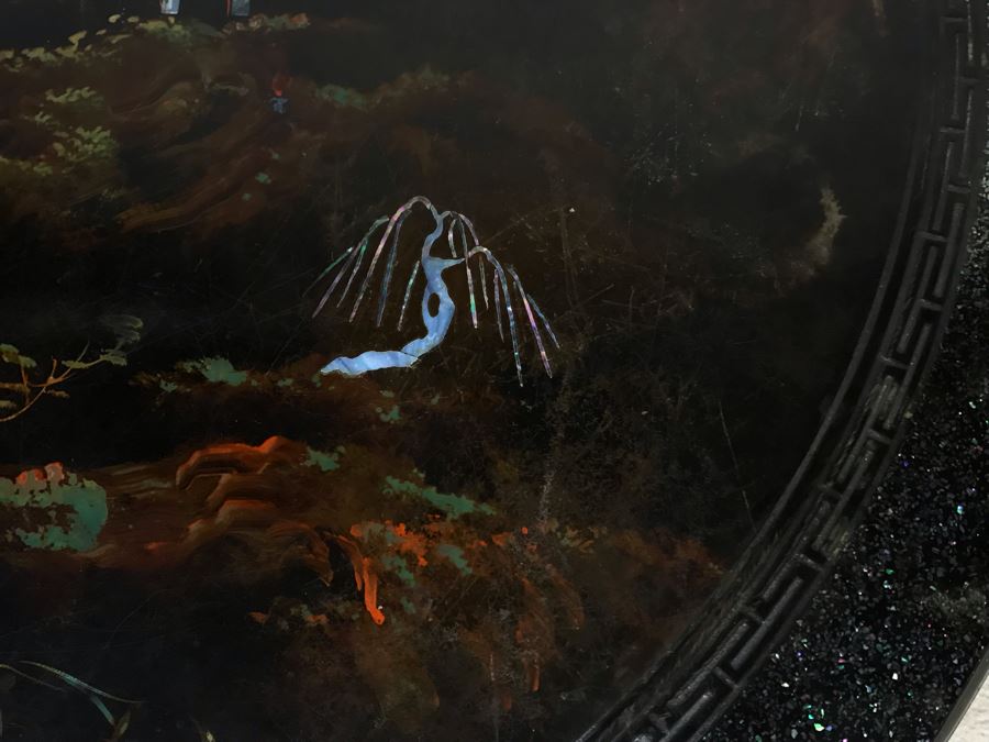 Signed Japanese Black Lacquer Round Table Painting With Mother Of Pearl Inlay Design 30R X 15.5H (OHE) [Photo 9]