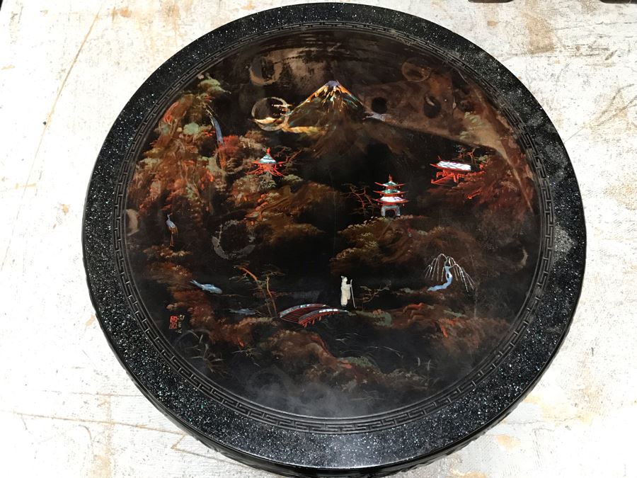 Signed Japanese Black Lacquer Round Table Painting With Mother Of Pearl Inlay Design 30R X 15.5H (OHE) [Photo 18]