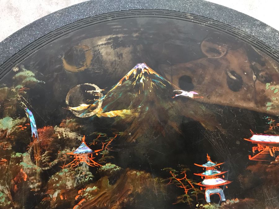 Signed Japanese Black Lacquer Round Table Painting With Mother Of Pearl Inlay Design 30R X 15.5H (OHE) [Photo 7]