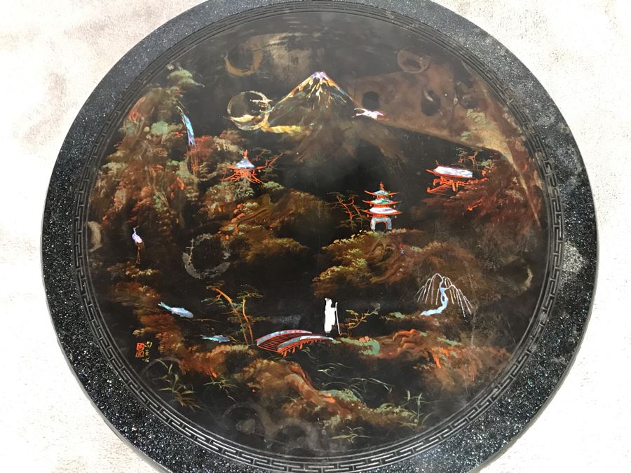 Signed Japanese Black Lacquer Round Table Painting With Mother Of Pearl Inlay Design 30R X 15.5H (OHE) [Photo 3]