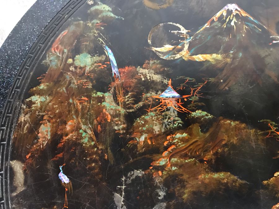 Signed Japanese Black Lacquer Round Table Painting With Mother Of Pearl Inlay Design 30R X 15.5H (OHE) [Photo 6]