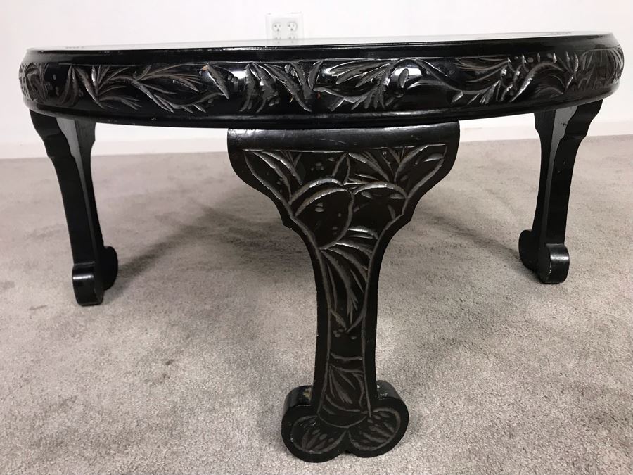 Signed Japanese Black Lacquer Round Table Painting With Mother Of Pearl Inlay Design 30R X 15.5H (OHE) [Photo 13]