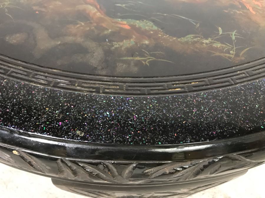 Signed Japanese Black Lacquer Round Table Painting With Mother Of Pearl Inlay Design 30R X 15.5H (OHE) [Photo 10]