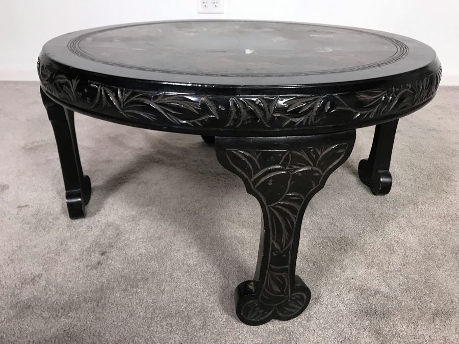 Signed Japanese Black Lacquer Round Table Painting With Mother Of Pearl Inlay Design 30R X 15.5H (OHE) [Photo 11]