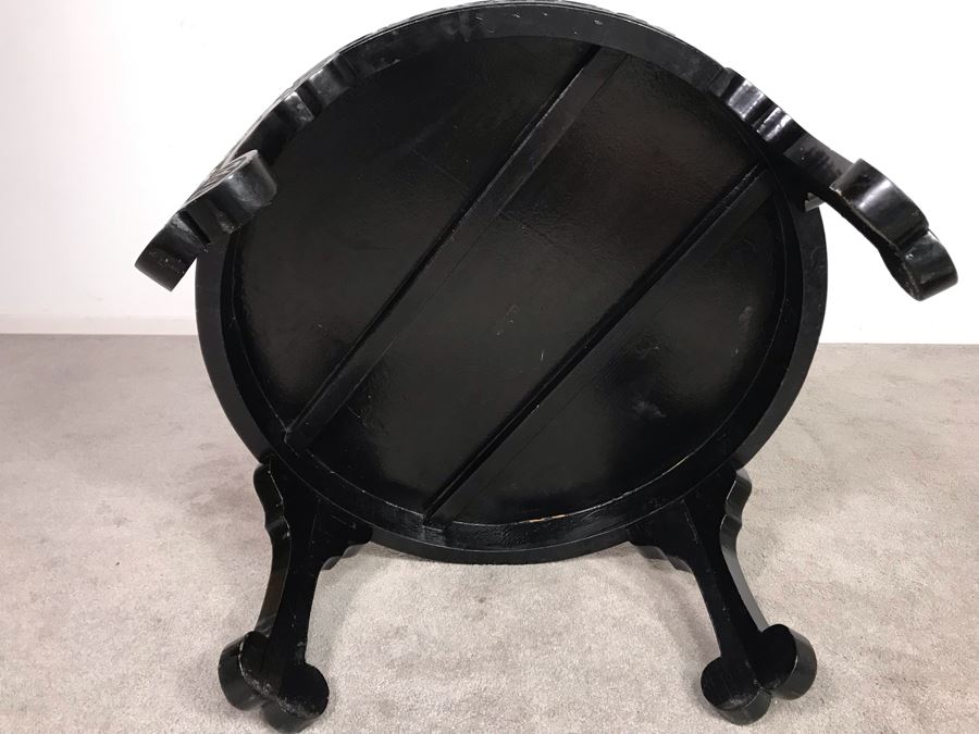 Signed Japanese Black Lacquer Round Table Painting With Mother Of Pearl Inlay Design 30R X 15.5H (OHE) [Photo 16]