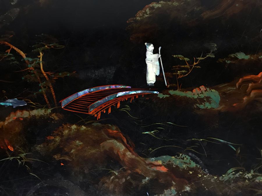 Signed Japanese Black Lacquer Round Table Painting With Mother Of Pearl Inlay Design 30R X 15.5H (OHE) [Photo 5]