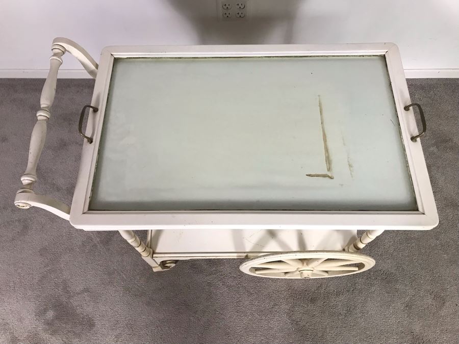 Vintage Shabby Chic Painted White Tea Bar Cart With Serving Glass Top Tray 32W X 18D X 30H (OHE) [Photo 11]