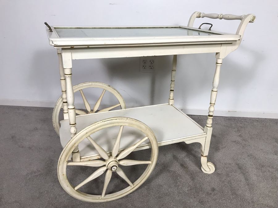 Vintage Shabby Chic Painted White Tea Bar Cart With Serving Glass Top Tray 32W X 18D X 30H (OHE) [Photo 3]