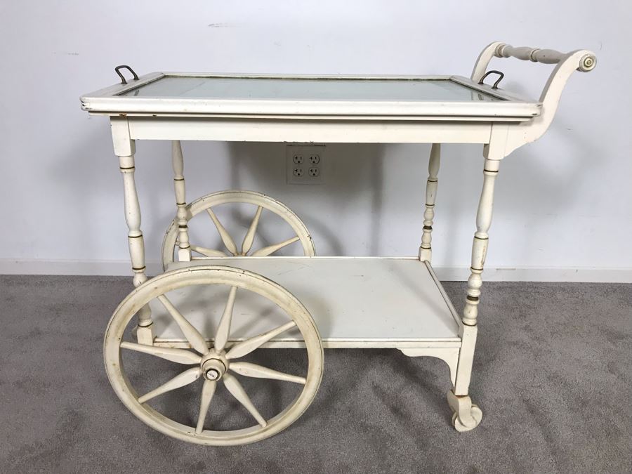 Vintage Shabby Chic Painted White Tea Bar Cart With Serving Glass Top Tray 32W X 18D X 30H (OHE) [Photo 1]