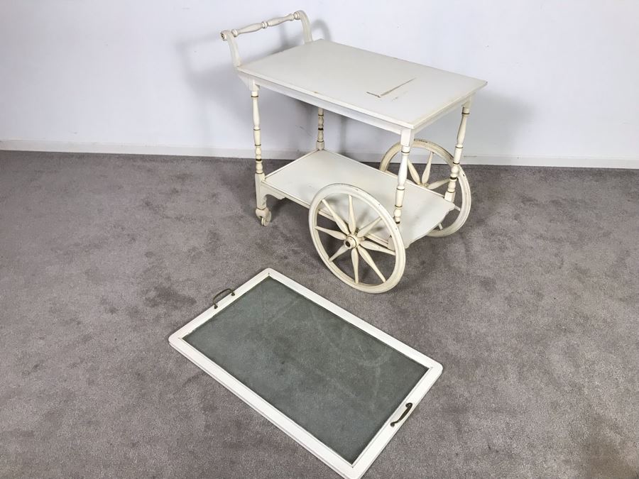 Vintage Shabby Chic Painted White Tea Bar Cart With Serving Glass Top Tray 32W X 18D X 30H (OHE) [Photo 10]