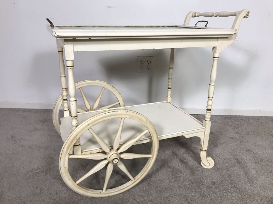 Vintage Shabby Chic Painted White Tea Bar Cart With Serving Glass Top Tray 32W X 18D X 30H (OHE) [Photo 2]