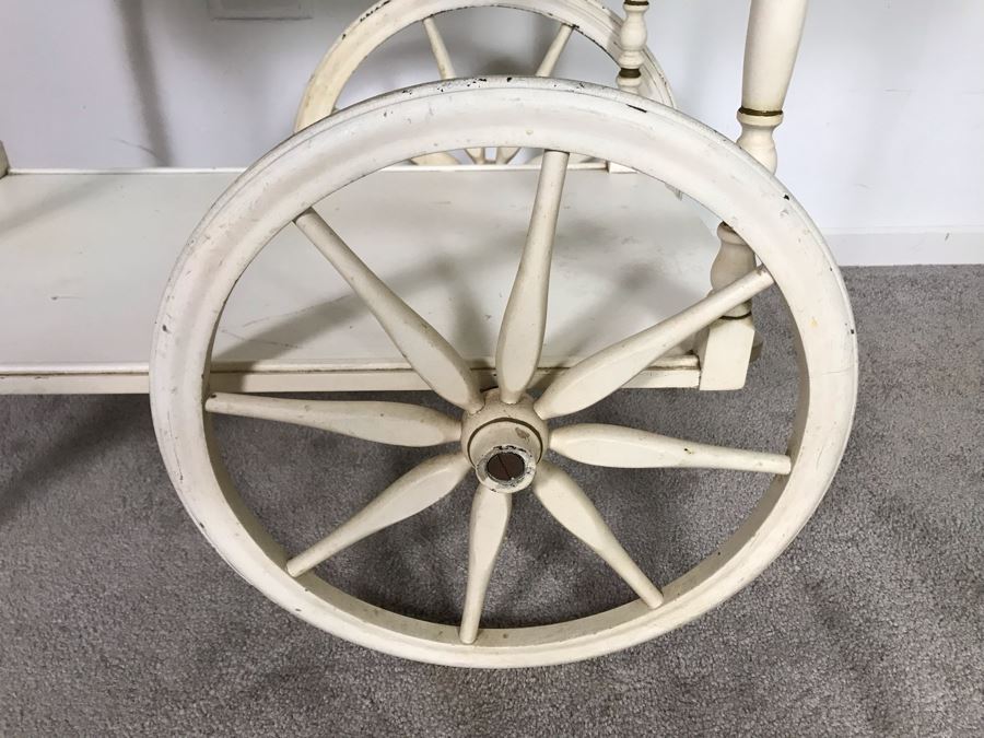 Vintage Shabby Chic Painted White Tea Bar Cart With Serving Glass Top Tray 32W X 18D X 30H (OHE) [Photo 8]