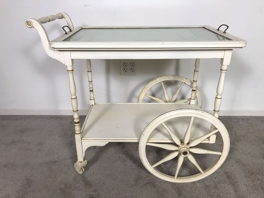 Vintage Shabby Chic Painted White Tea Bar Cart With Serving Glass Top Tray 32W X 18D X 30H (OHE) [Photo 7]