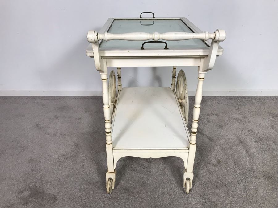 Vintage Shabby Chic Painted White Tea Bar Cart With Serving Glass Top Tray 32W X 18D X 30H (OHE) [Photo 6]
