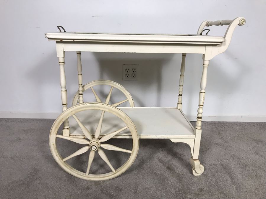 Vintage Shabby Chic Painted White Tea Bar Cart With Serving Glass Top Tray 32W X 18D X 30H (OHE) [Photo 4]