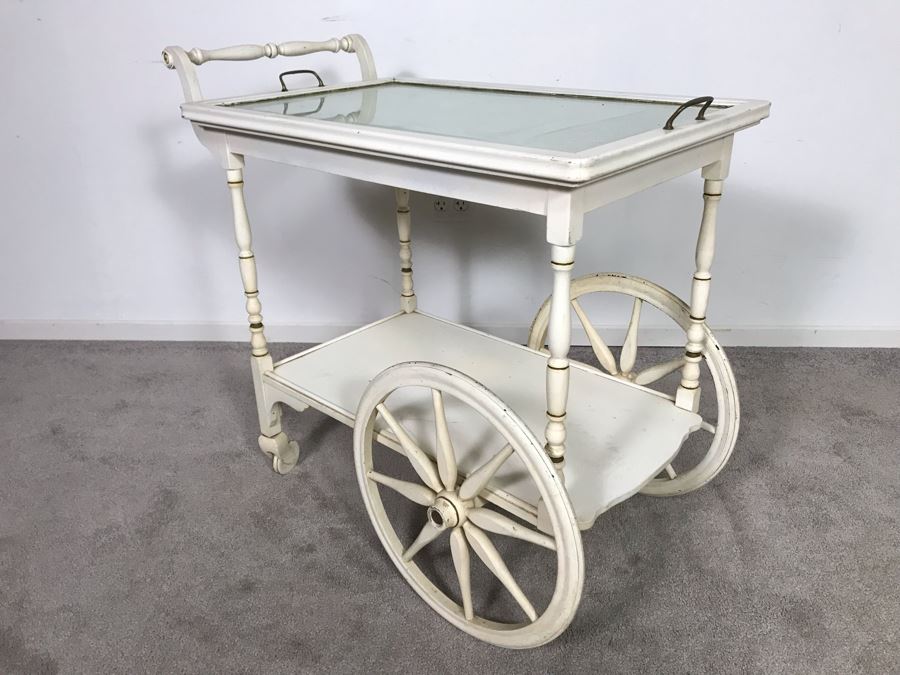 Vintage Shabby Chic Painted White Tea Bar Cart With Serving Glass Top Tray 32W X 18D X 30H (OHE) [Photo 9]
