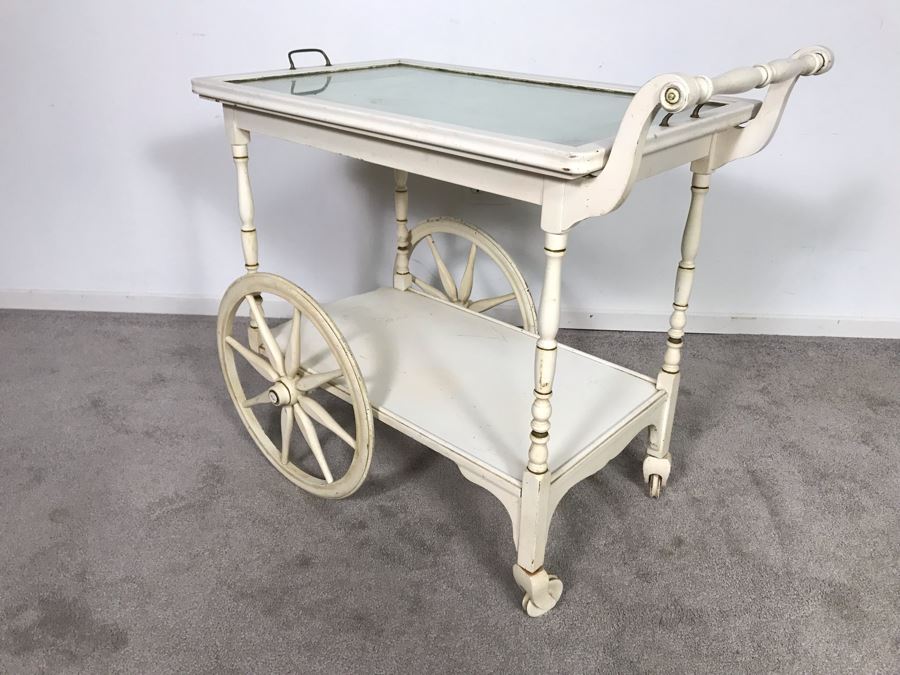 Vintage Shabby Chic Painted White Tea Bar Cart With Serving Glass Top Tray 32W X 18D X 30H (OHE) [Photo 5]