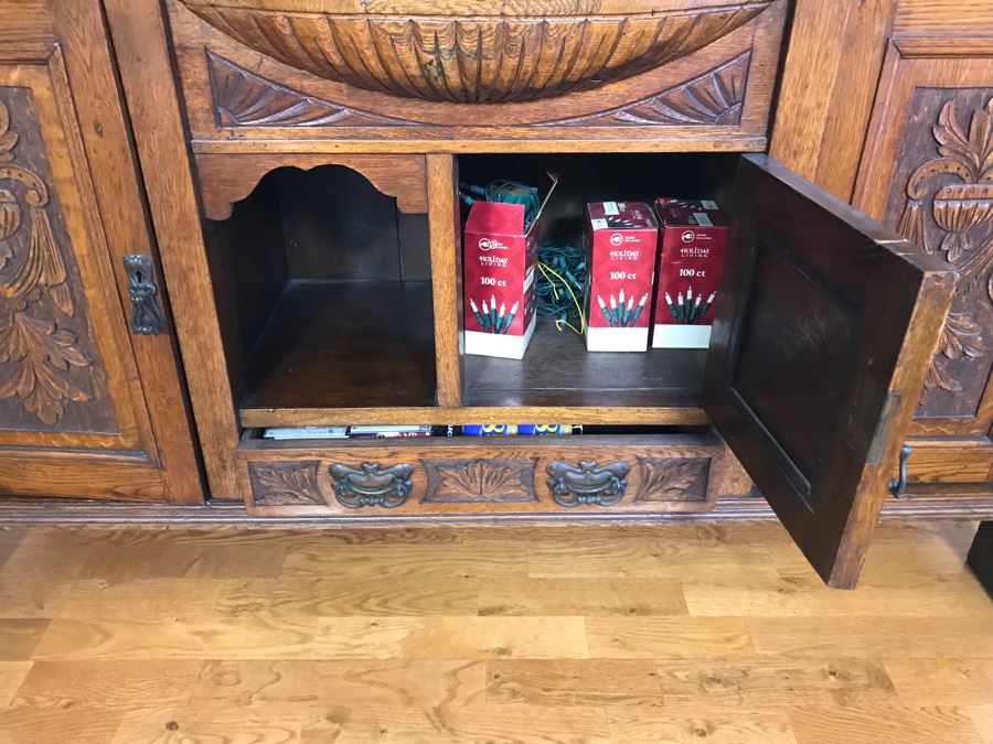 Stunning Vintage Carved Oak Buffet With Beveled Glass Hutch China Cabinet 59W X 19D X 88H (OFS - Former Olympic Figure Skater Estate In Carlsbad) [Photo 9]