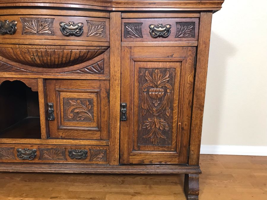 Stunning Vintage Carved Oak Buffet With Beveled Glass Hutch China Cabinet 59W X 19D X 88H (OFS - Former Olympic Figure Skater Estate In Carlsbad) [Photo 6]