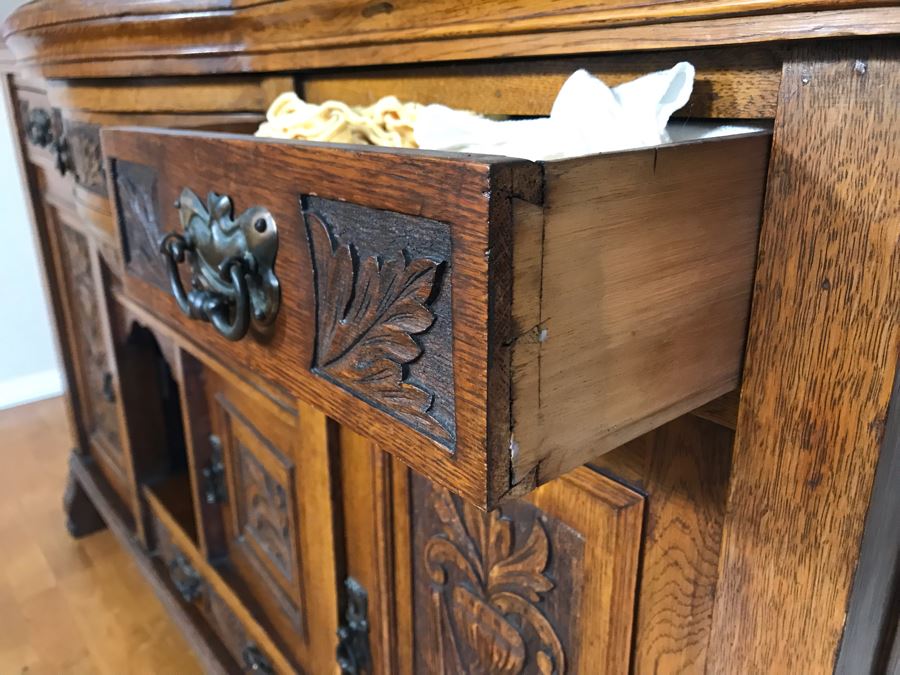 Stunning Vintage Carved Oak Buffet With Beveled Glass Hutch China Cabinet 59W X 19D X 88H (OFS - Former Olympic Figure Skater Estate In Carlsbad) [Photo 8]