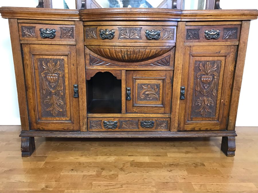 Stunning Vintage Carved Oak Buffet With Beveled Glass Hutch China Cabinet 59W X 19D X 88H (OFS - Former Olympic Figure Skater Estate In Carlsbad) [Photo 5]