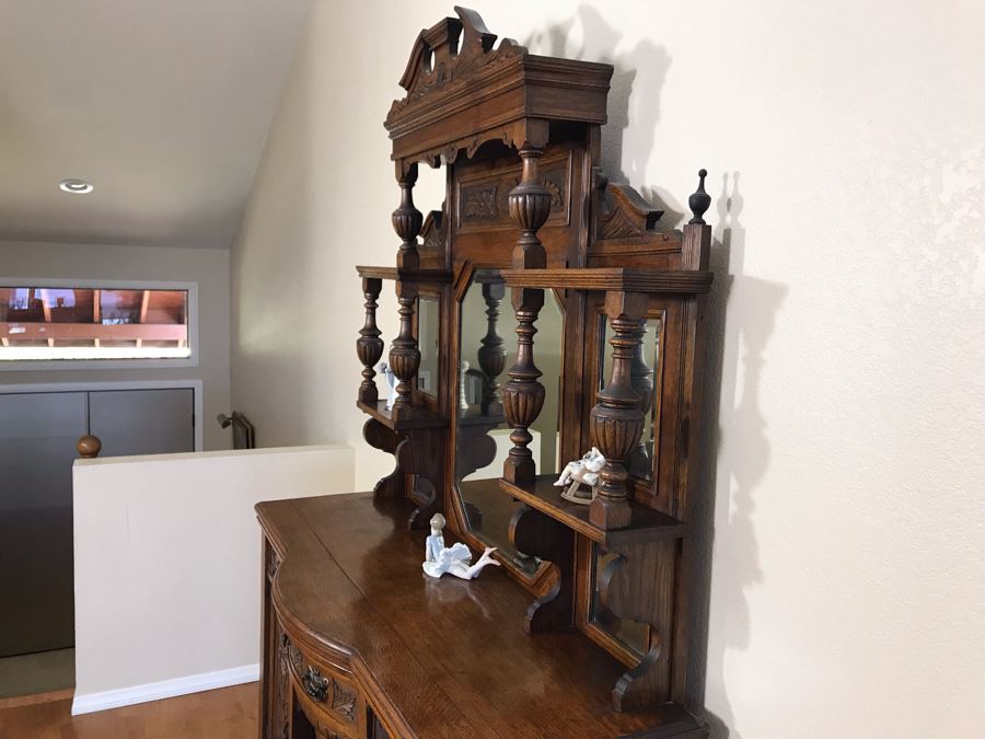 Stunning Vintage Carved Oak Buffet With Beveled Glass Hutch China Cabinet 59W X 19D X 88H (OFS - Former Olympic Figure Skater Estate In Carlsbad) [Photo 13]