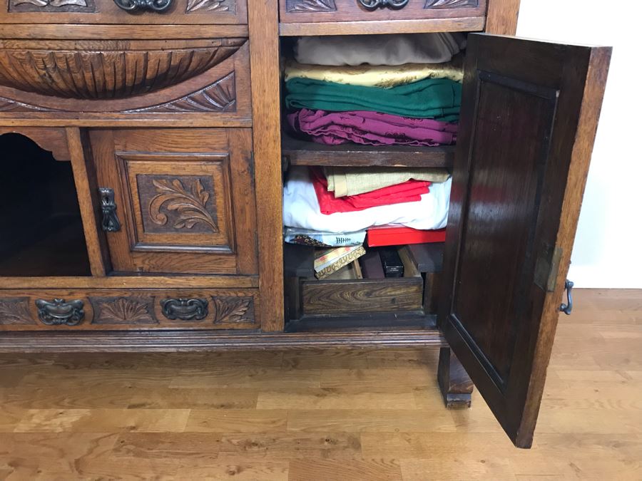 Stunning Vintage Carved Oak Buffet With Beveled Glass Hutch China Cabinet 59W X 19D X 88H (OFS - Former Olympic Figure Skater Estate In Carlsbad) [Photo 7]