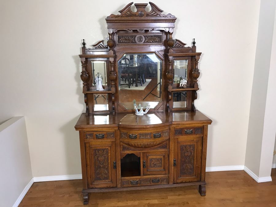Stunning Vintage Carved Oak Buffet With Beveled Glass Hutch China Cabinet 59W X 19D X 88H (OFS - Former Olympic Figure Skater Estate In Carlsbad) [Photo 14]