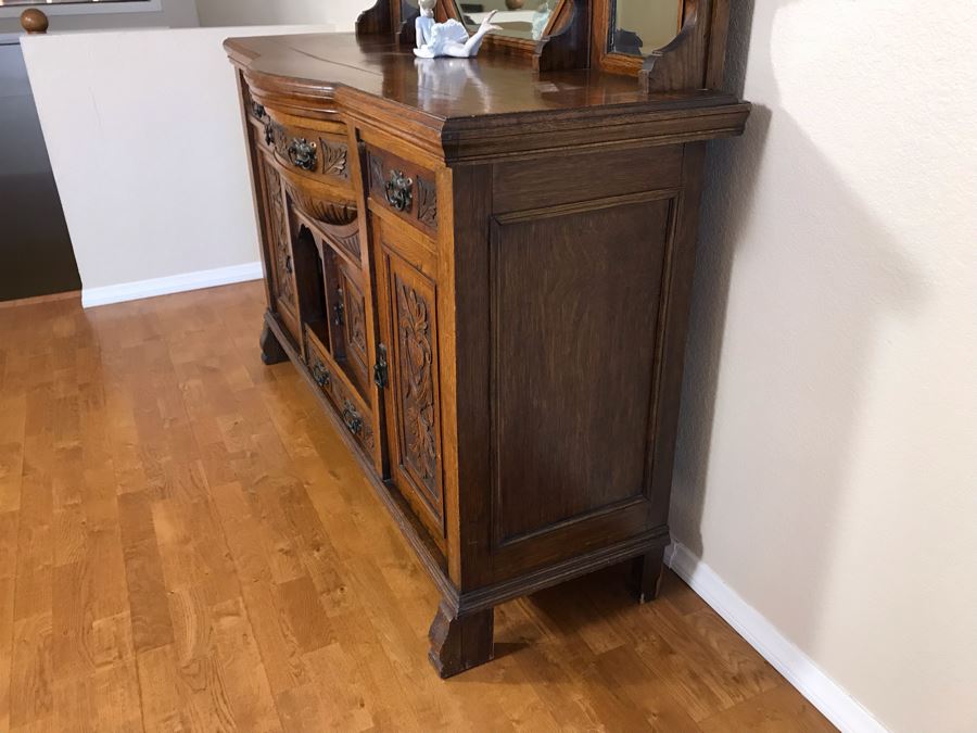 Stunning Vintage Carved Oak Buffet With Beveled Glass Hutch China Cabinet 59W X 19D X 88H (OFS - Former Olympic Figure Skater Estate In Carlsbad) [Photo 12]