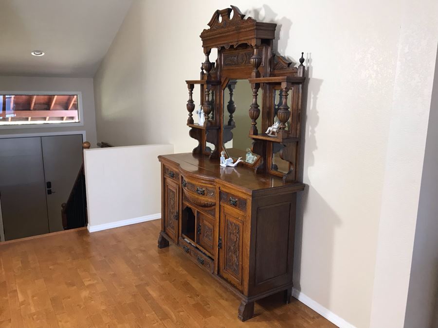 Stunning Vintage Carved Oak Buffet With Beveled Glass Hutch China Cabinet 59W X 19D X 88H (OFS - Former Olympic Figure Skater Estate In Carlsbad) [Photo 10]
