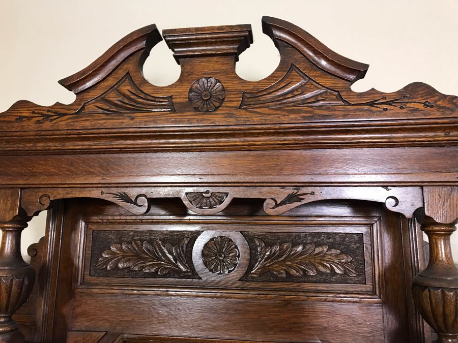 Stunning Vintage Carved Oak Buffet With Beveled Glass Hutch China Cabinet 59W X 19D X 88H (OFS - Former Olympic Figure Skater Estate In Carlsbad) [Photo 4]