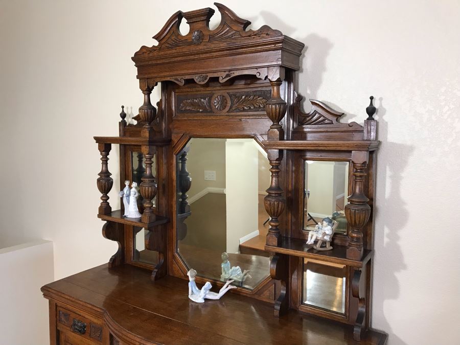 Stunning Vintage Carved Oak Buffet With Beveled Glass Hutch China Cabinet 59W X 19D X 88H (OFS - Former Olympic Figure Skater Estate In Carlsbad) [Photo 3]