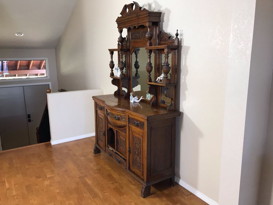 Stunning Vintage Carved Oak Buffet With Beveled Glass Hutch China Cabinet 59W X 19D X 88H (OFS - Former Olympic Figure Skater Estate In Carlsbad) [Photo 11]