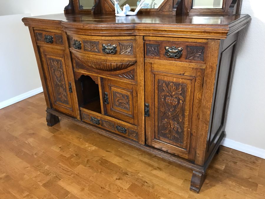 Stunning Vintage Carved Oak Buffet With Beveled Glass Hutch China Cabinet 59W X 19D X 88H (OFS - Former Olympic Figure Skater Estate In Carlsbad) [Photo 2]