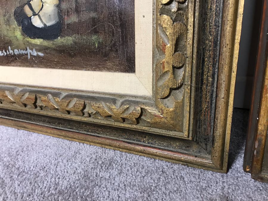 Pair Of Original Vintage Gold Framed French Deschamps Paintings From Van Pelt Art Galleries In Beverly Hills 12 x 24 Ea (OFS) [Photo 15]